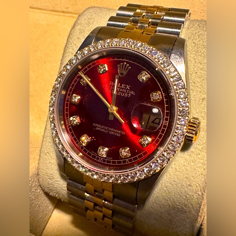 Rolex Mens Datejust Two-tone Red Diamond Dial Diamond Bezel 36mm Watch. 16013